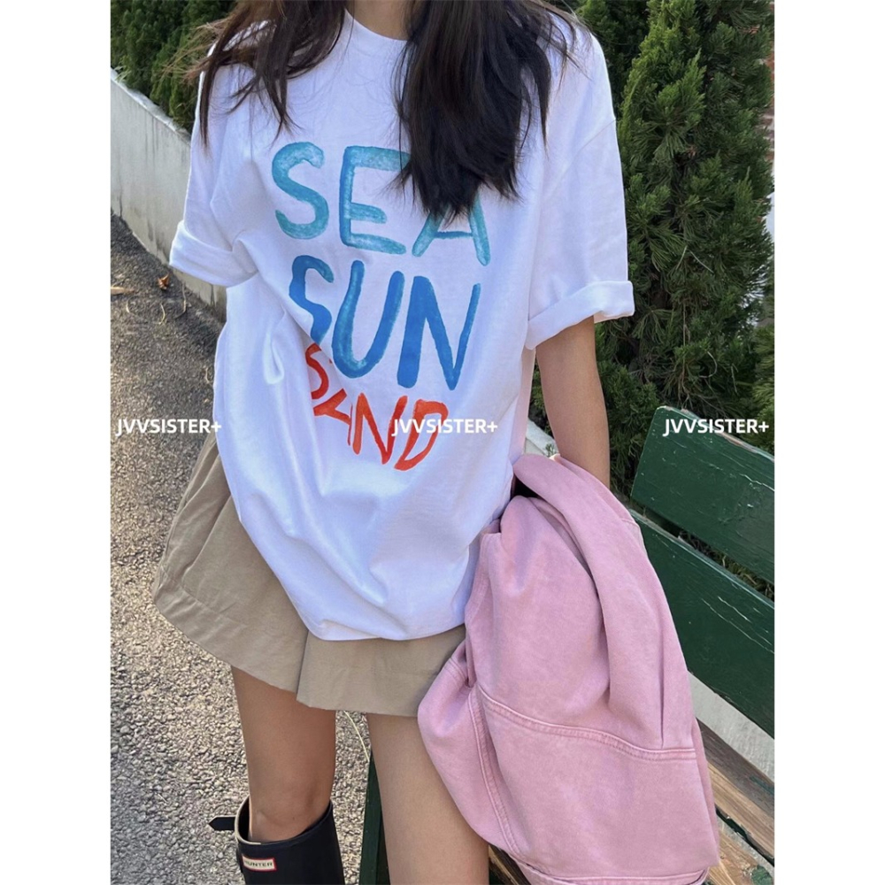 夏季新款韓版純棉後短袖T恤女 字母印花 寬鬆上衣 OVERSIZE 衣服女-細節圖3