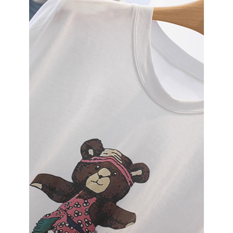 S-5XL大尺碼 夏純棉大碼短袖T恤女裝 小熊做運動印花 寬鬆上衣女-細節圖3