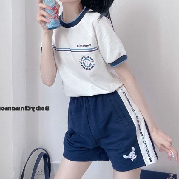 S-2XL 夏季可愛日系軟妹學生運動服套裝女寬鬆短袖+短褲 休閒兩件套-細節圖5