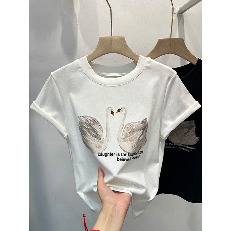 S-L 歐洲站夏季新款圓領趣味天鵝印花正肩短袖T恤女-細節圖3