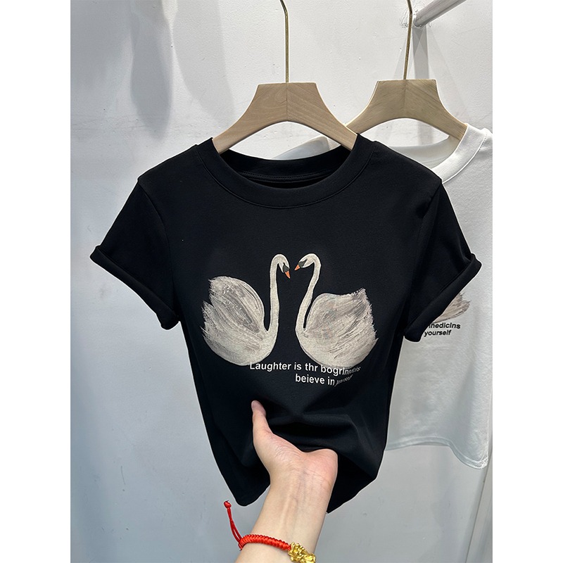 S-L 歐洲站夏季新款圓領趣味天鵝印花正肩短袖T恤女-細節圖4