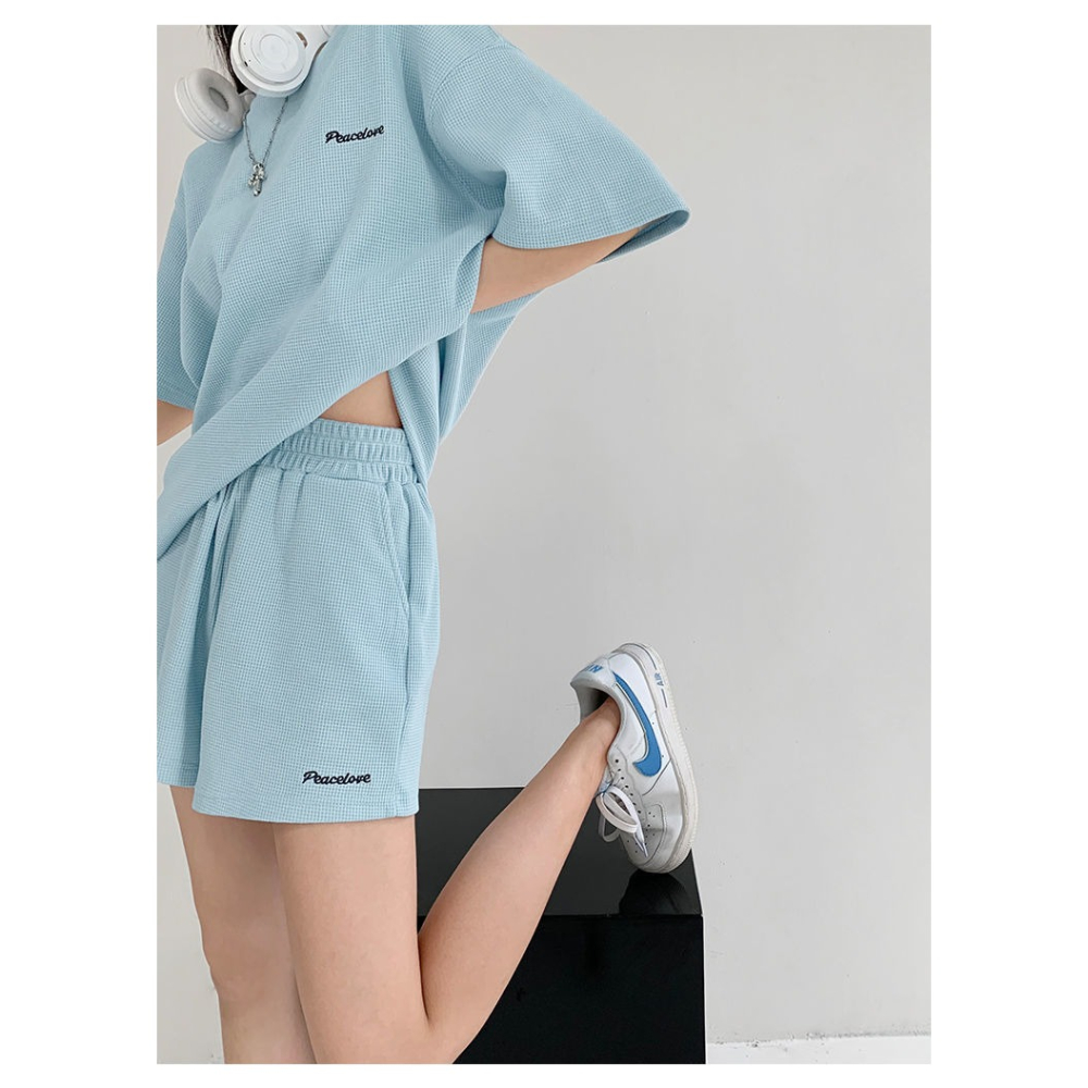 M-2XL大尺碼 華夫格運動套裝女 夏新款寬鬆休閒短袖t恤+短褲 兩件套👍-細節圖4