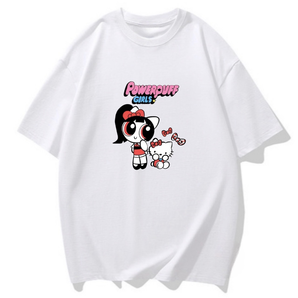 S-3XL大尺碼 原創飛天小女警Hello Kitty 短袖T恤女 oversize衣服女棉tee-細節圖2