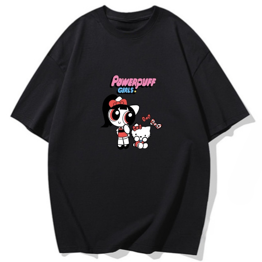 S-3XL大尺碼 原創飛天小女警Hello Kitty 短袖T恤女 oversize衣服女棉tee-細節圖3