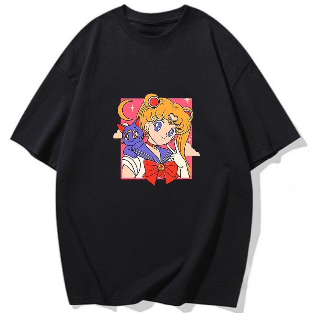 S-3XL大尺碼 原創美少女戰士和她的貓 短袖T恤女 oversize衣服女裝 棉tee-細節圖3