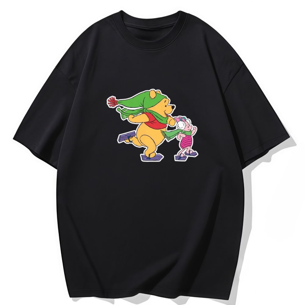S-3XL大尺碼 小熊維尼和小豬溜冰 短袖T恤女 oversize衣服女裝上衣大碼棉tee 情侶t-細節圖2