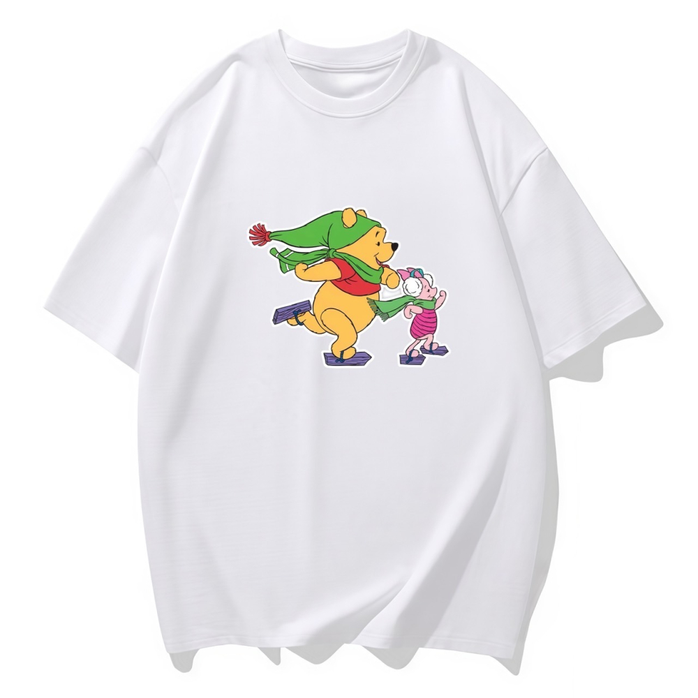 S-3XL大尺碼 小熊維尼和小豬溜冰 短袖T恤女 oversize衣服女裝上衣大碼棉tee 情侶t-細節圖3