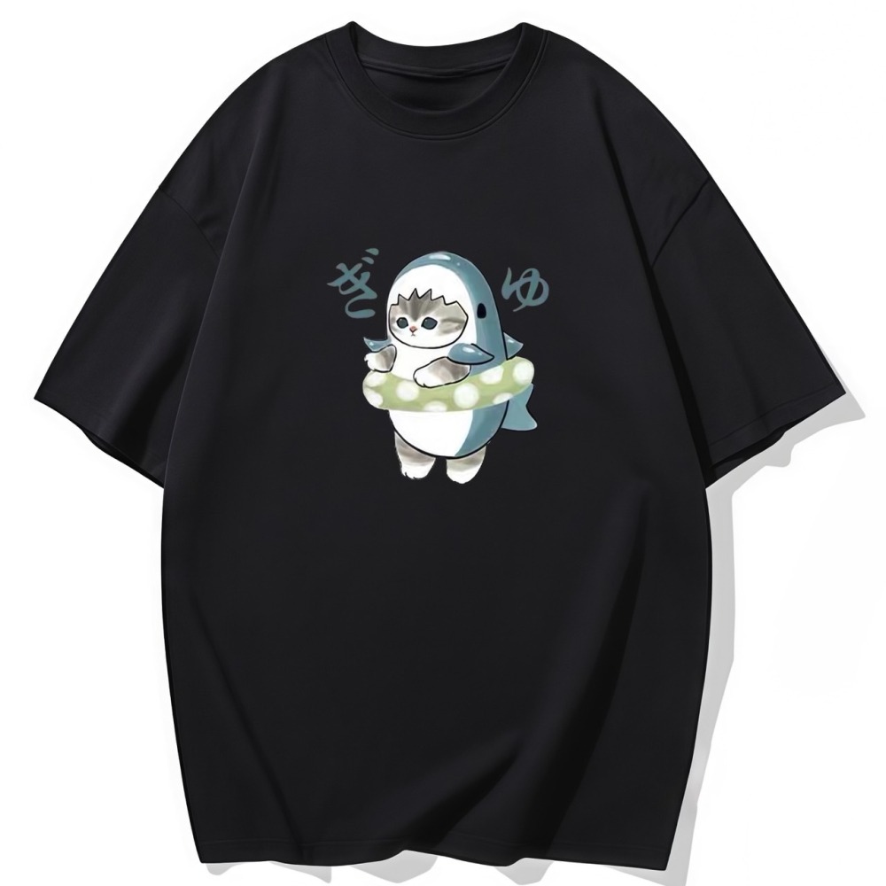 S-3XL大尺碼 貓咪鯊魚 短袖T恤女 oversize 棉tee-細節圖2
