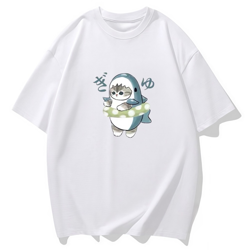 S-3XL大尺碼 貓咪鯊魚 短袖T恤女 oversize 棉tee-細節圖3