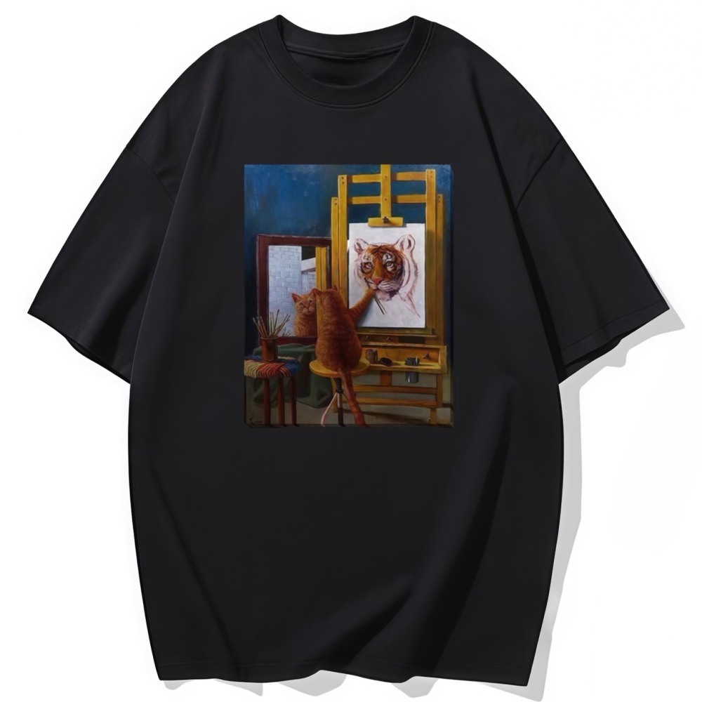 S-3XL大尺碼 老虎?貓咪? 貓咪自象畫 短袖T恤 oversize 棉tee 情侶t-細節圖2