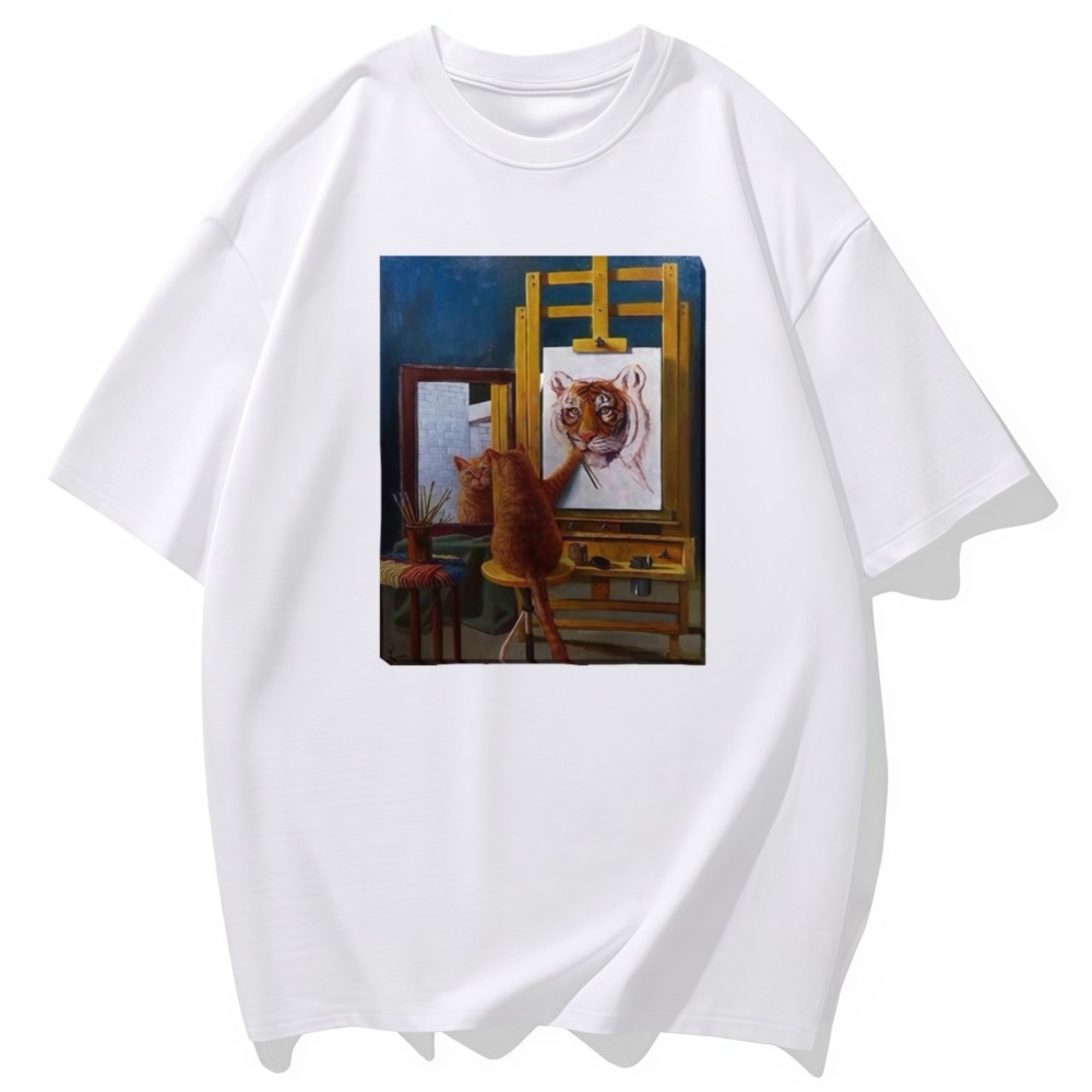 S-3XL大尺碼 老虎?貓咪? 貓咪自象畫 短袖T恤 oversize 棉tee 情侶t-細節圖3