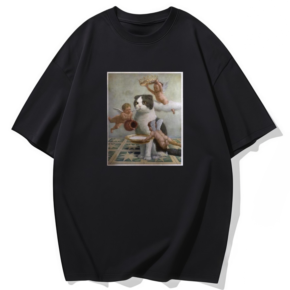 S-3XL大尺碼 貓咪&小天使 短袖T恤女 oversize 棉tee 大碼 情侶裝-細節圖2