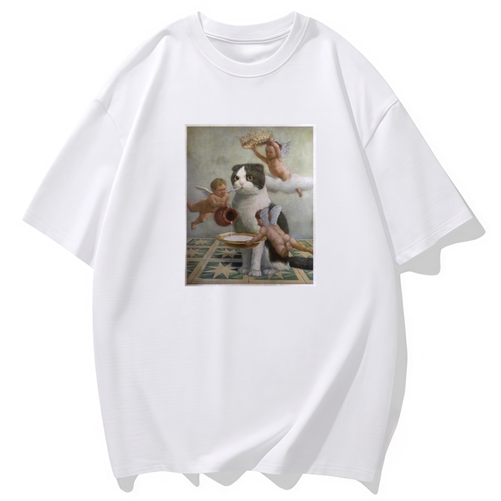 S-3XL大尺碼 貓咪&小天使 短袖T恤女 oversize 棉tee 大碼 情侶裝-細節圖3