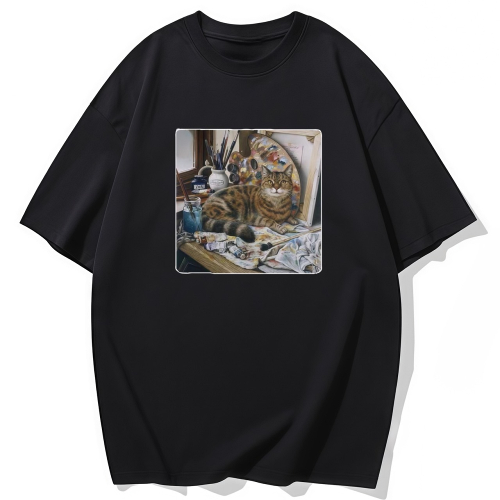 S-3XL大尺碼 貓咪&水彩 短袖T恤 oversize 衣服女裝 棉tee 情侶裝-細節圖2