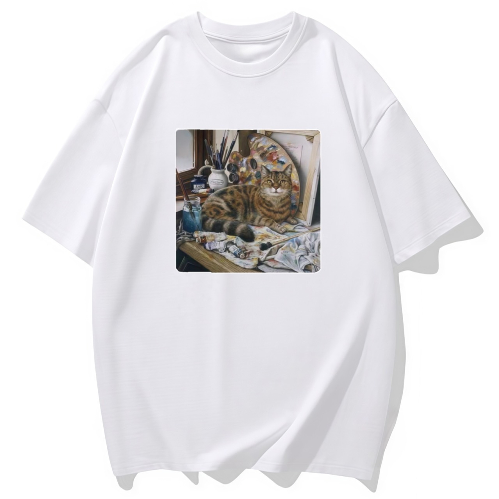 S-3XL大尺碼 貓咪&水彩 短袖T恤 oversize 衣服女裝 棉tee 情侶裝-細節圖3