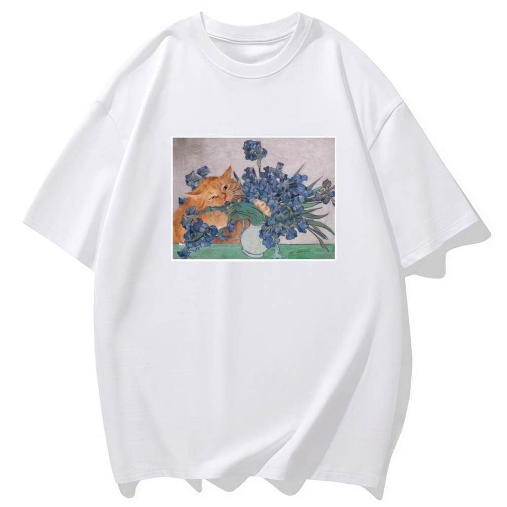 S-3XL大尺碼 貓咪&花朵塗鴉 短袖T恤女 oversize 棉tee 情侶裝-細節圖3