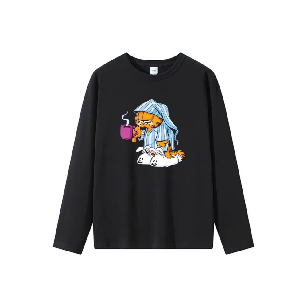 台灣現貨 100%純棉 剛起床穿兔子拖鞋喝咖啡 穿睡衣加菲貓 短袖t恤 長袖 兒童 情侶 團體 班服 大尺碼-細節圖2