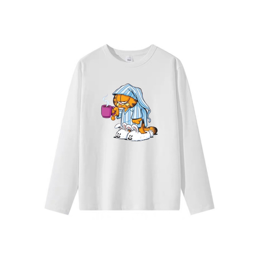 台灣現貨 100%純棉 剛起床穿兔子拖鞋喝咖啡 穿睡衣加菲貓 短袖t恤 長袖 兒童 情侶 團體 班服 大尺碼-細節圖3