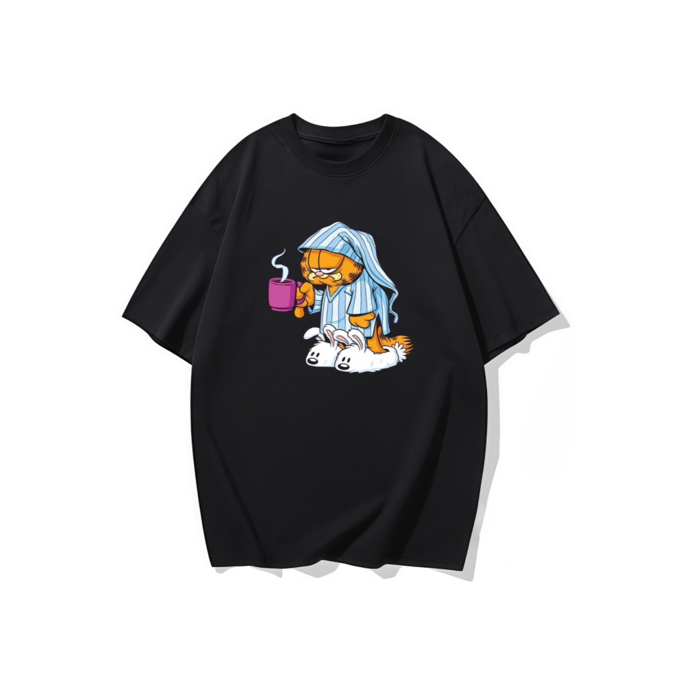 台灣現貨 100%純棉 剛起床穿兔子拖鞋喝咖啡 穿睡衣加菲貓 短袖t恤 長袖 兒童 情侶 團體 班服 大尺碼-細節圖4