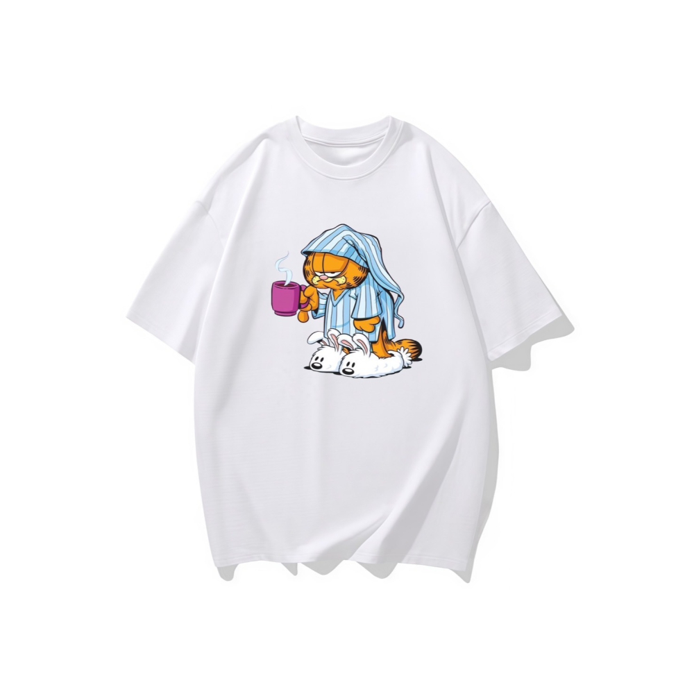 台灣現貨 100%純棉 剛起床穿兔子拖鞋喝咖啡 穿睡衣加菲貓 短袖t恤 長袖 兒童 情侶 團體 班服 大尺碼-細節圖5