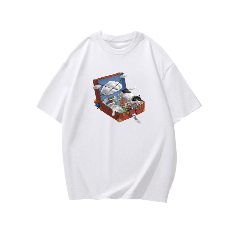 台灣現貨 100%重磅純棉 皮箱裡的世界 可愛夢幻印花 短袖t恤 長袖 兒童 情侶 團體 客製化 家族 不撞衫-細節圖2