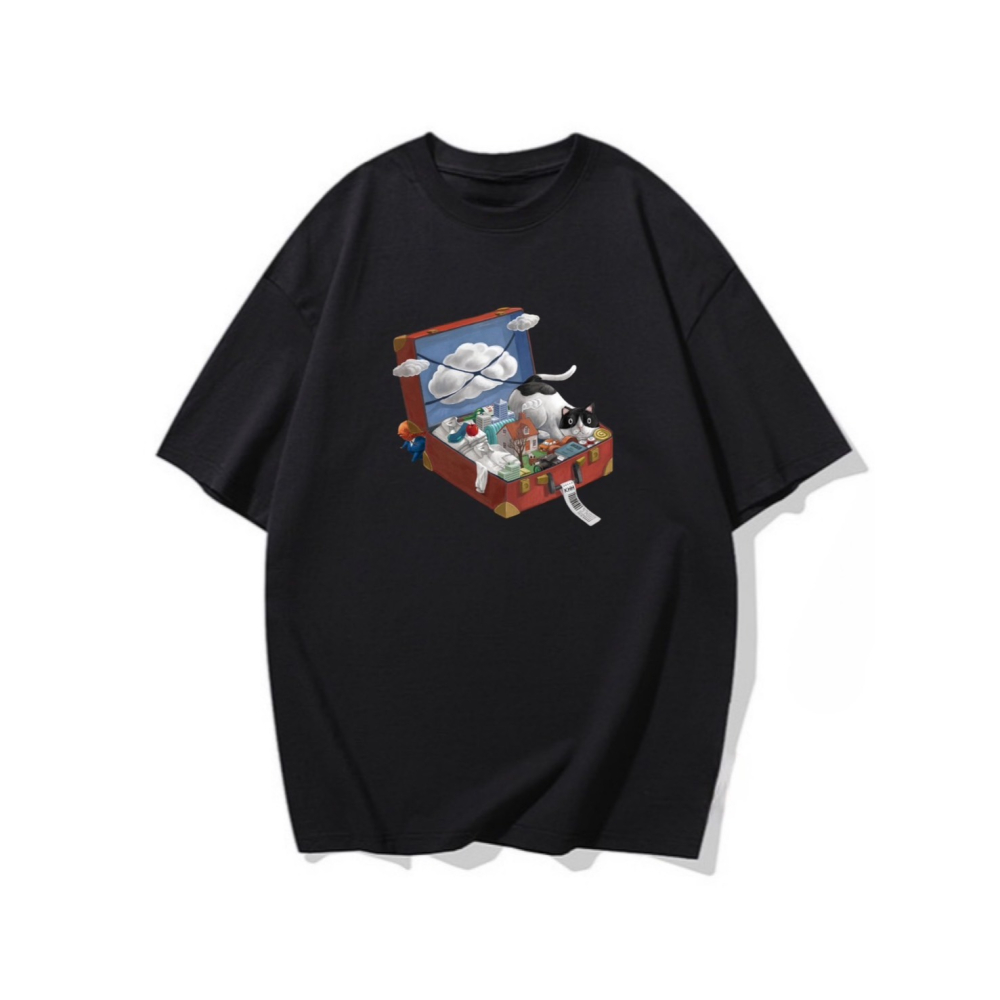 台灣現貨 100%重磅純棉 皮箱裡的世界 可愛夢幻印花 短袖t恤 長袖 兒童 情侶 團體 客製化 家族 不撞衫-細節圖3