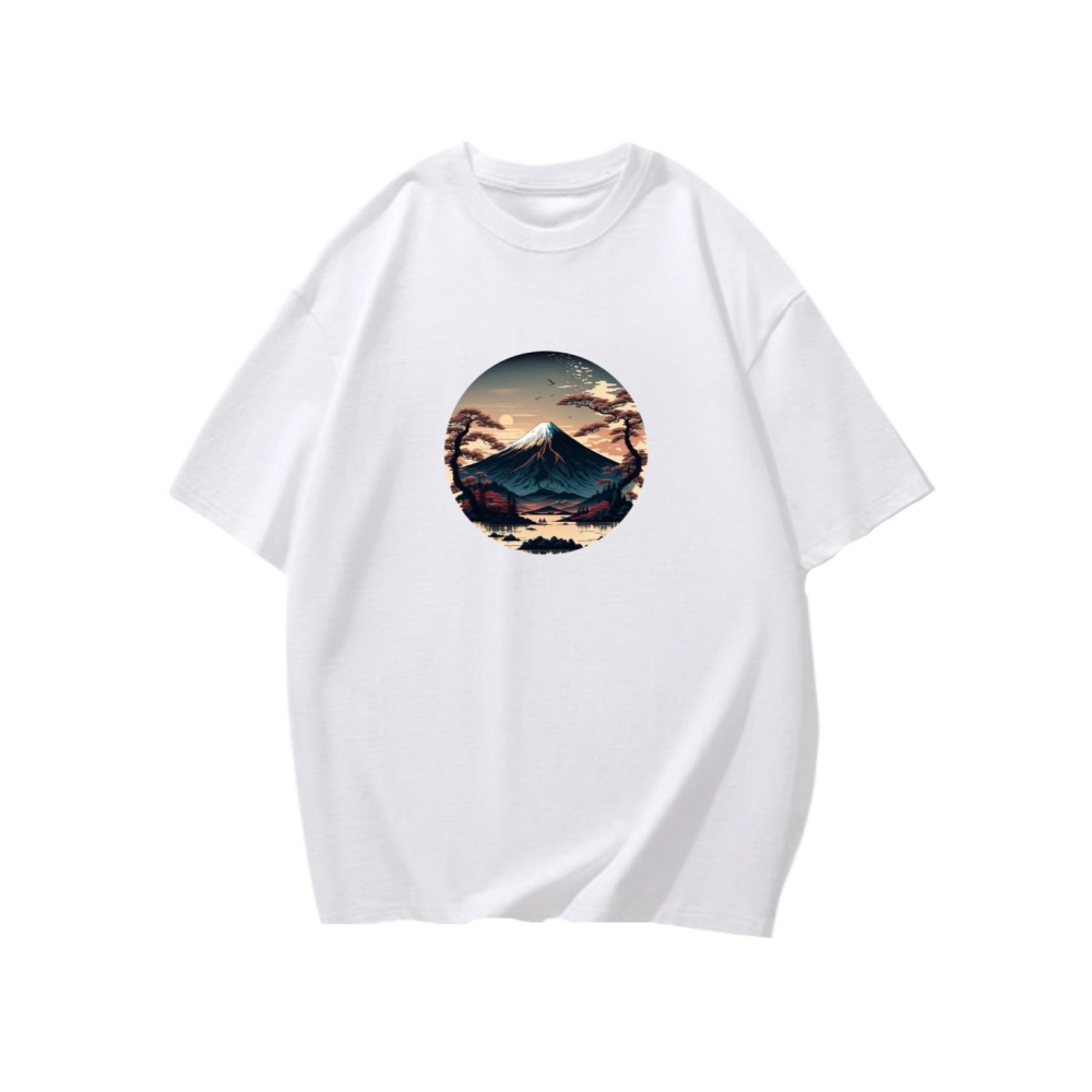 台灣現貨 100%重磅純棉 風景印花 古色古香山巒湖樹木 短袖t恤 長袖 兒童 情侶 團體 班服 社團 不撞衫-細節圖2