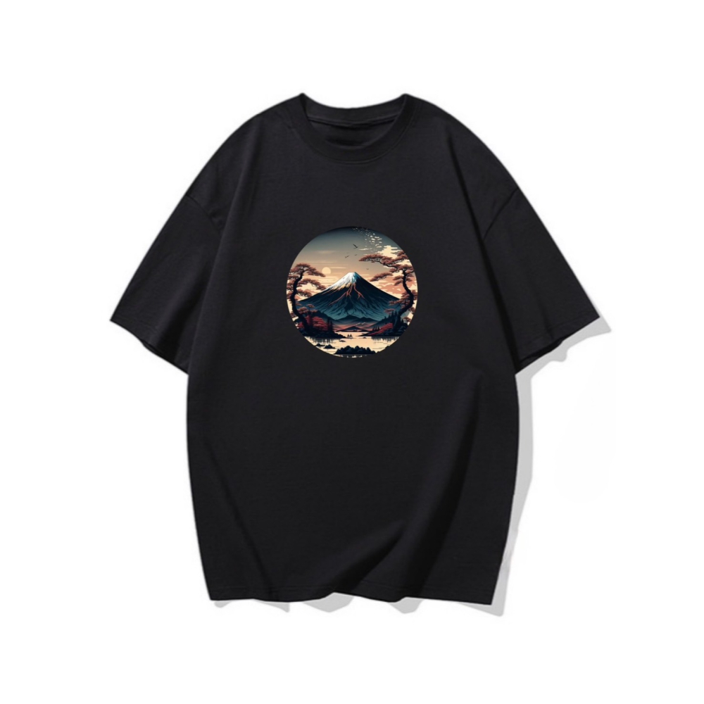 台灣現貨 100%重磅純棉 風景印花 古色古香山巒湖樹木 短袖t恤 長袖 兒童 情侶 團體 班服 社團 不撞衫-細節圖3