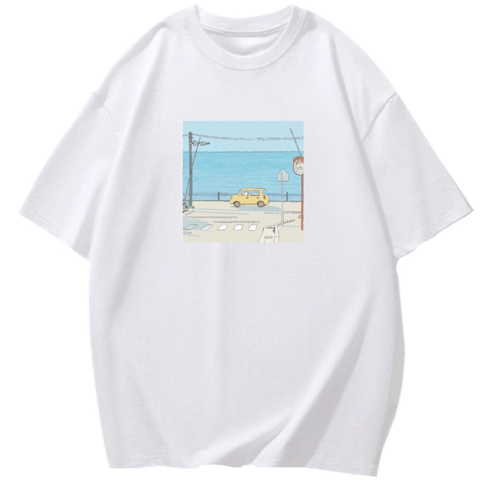 台灣現貨 100%重磅純棉 兔子開汽車出遊 鐵路平交道+大海 風景印花 可愛 短袖 長袖 兒童 情侶 親子裝t-細節圖2