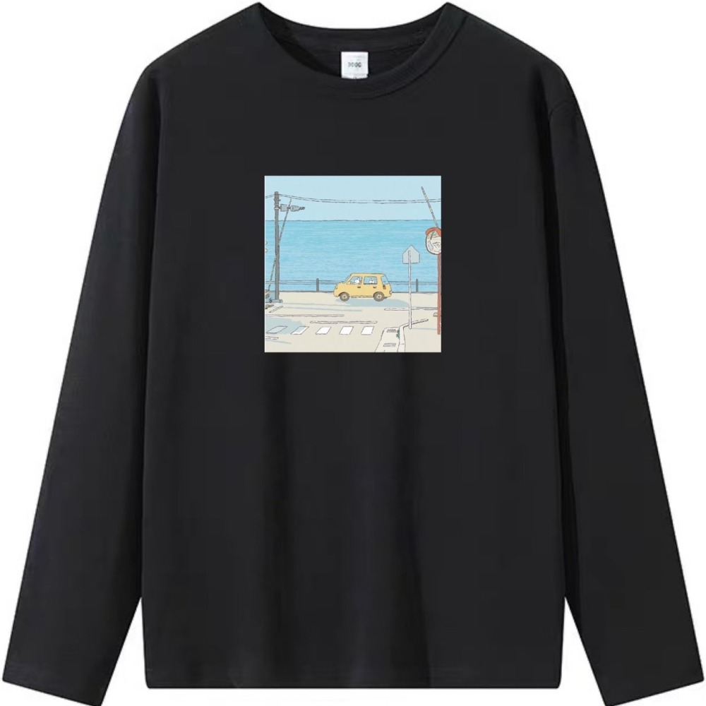 台灣現貨 100%重磅純棉 兔子開汽車出遊 鐵路平交道+大海 風景印花 可愛 短袖 長袖 兒童 情侶 親子裝t-細節圖3