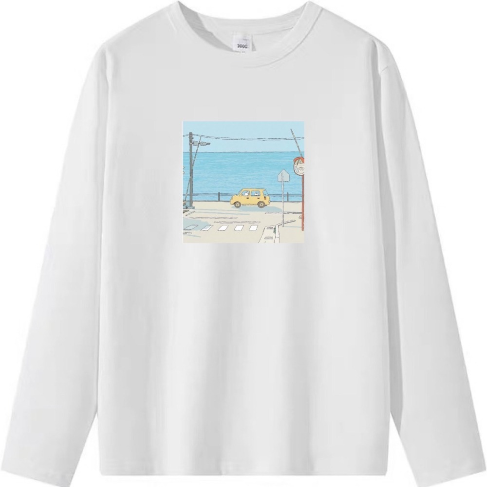 台灣現貨 100%重磅純棉 兔子開汽車出遊 鐵路平交道+大海 風景印花 可愛 短袖 長袖 兒童 情侶 親子裝t-細節圖4