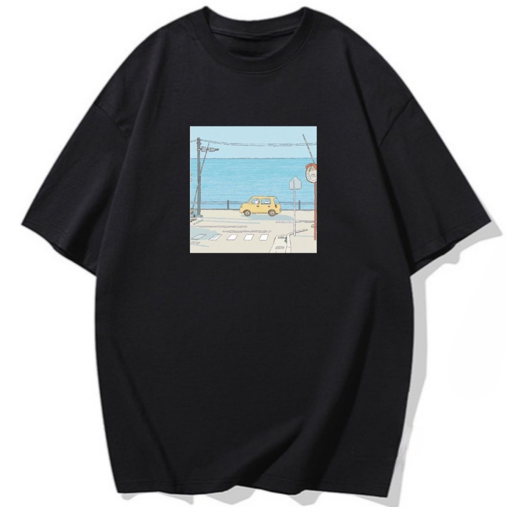 台灣現貨 100%重磅純棉 兔子開汽車出遊 鐵路平交道+大海 風景印花 可愛 短袖 長袖 兒童 情侶 親子裝t-細節圖5