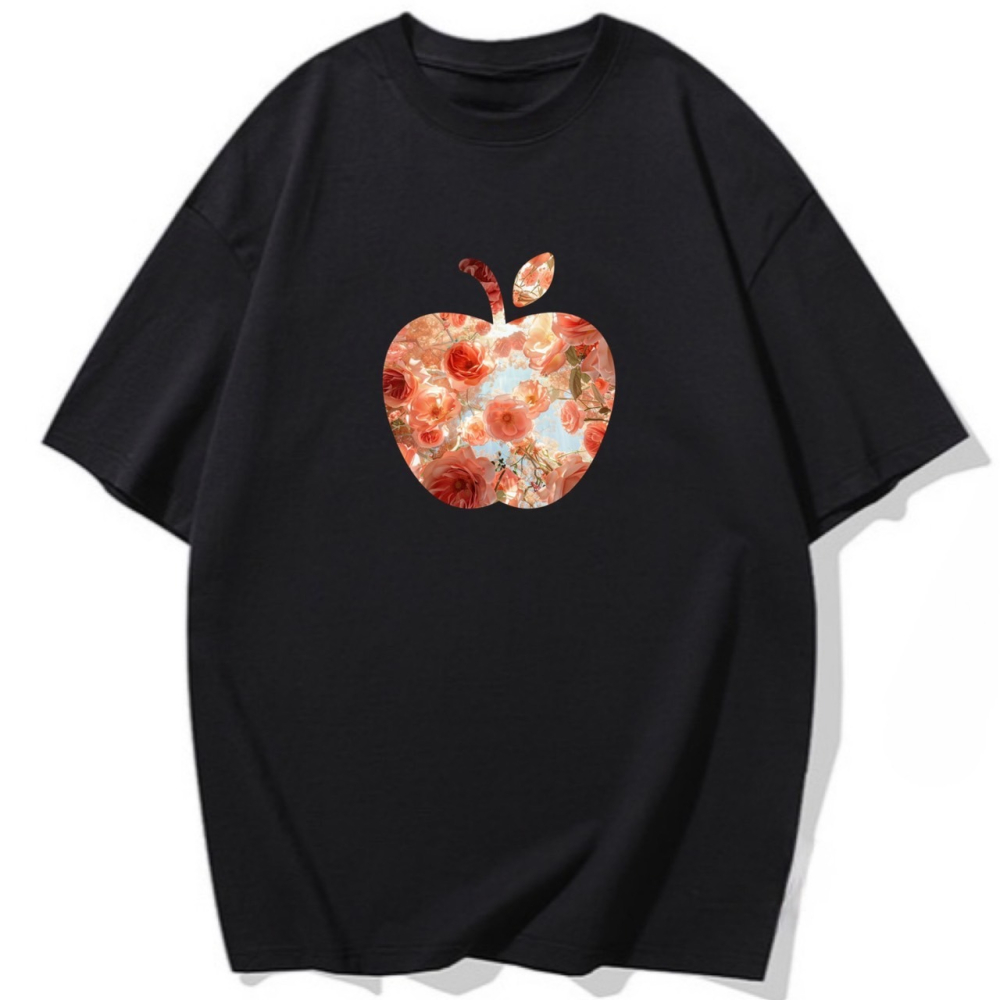 台灣現貨 100%重磅純棉 蘋果玫瑰花叢 花朵印花 短袖T恤 長袖 兒童 情侶 團體 親子 園藝 客製化 女裝-細節圖3