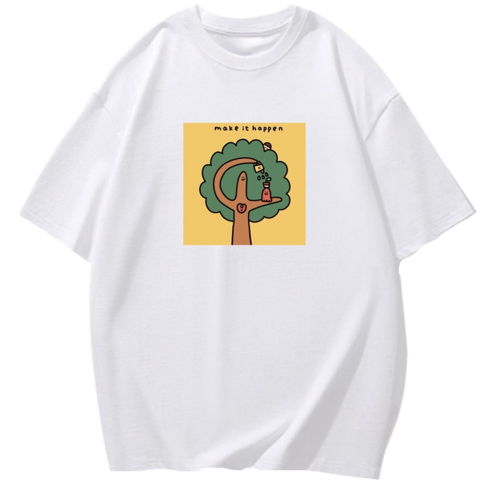 台灣現貨 100%重磅純棉 樹塗鴉 make it happen字母 可愛印花 短袖t恤 長袖 兒童 情侶親子-細節圖2