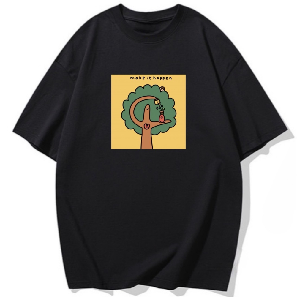 台灣現貨 100%重磅純棉 樹塗鴉 make it happen字母 可愛印花 短袖t恤 長袖 兒童 情侶親子-細節圖3