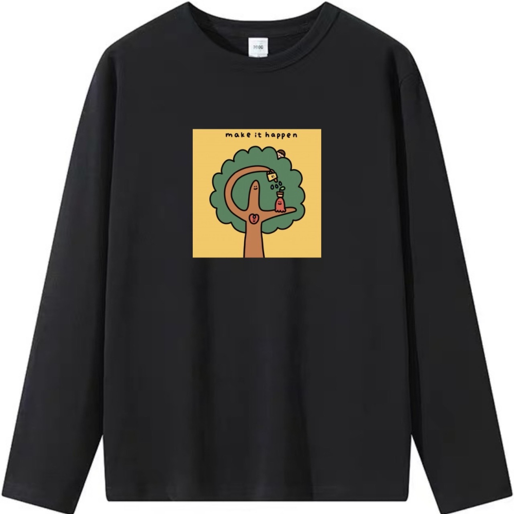 台灣現貨 100%重磅純棉 樹塗鴉 make it happen字母 可愛印花 短袖t恤 長袖 兒童 情侶親子-細節圖4
