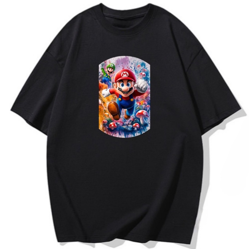 台灣現貨 100%重磅純棉 馬力歐水彩塗鴉印花 短袖t恤 長袖 兒童 情侶 團體 親子 客製化 大尺碼 不撞衫-細節圖3