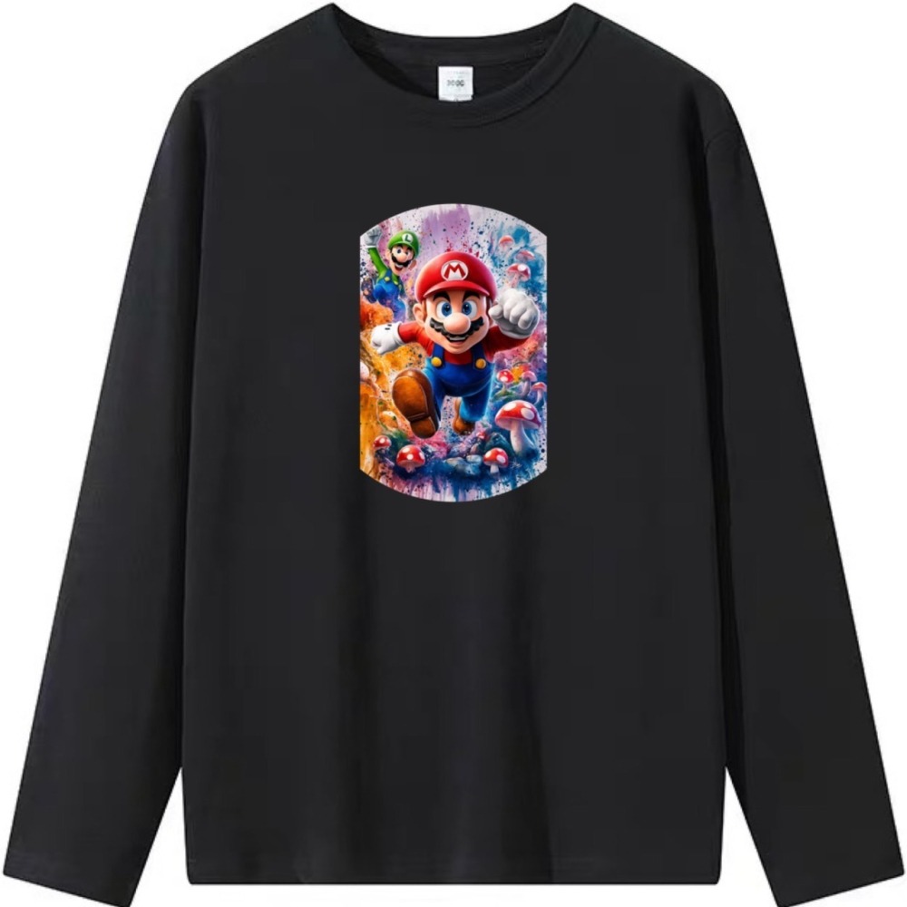 台灣現貨 100%重磅純棉 馬力歐水彩塗鴉印花 短袖t恤 長袖 兒童 情侶 團體 親子 客製化 大尺碼 不撞衫-細節圖4