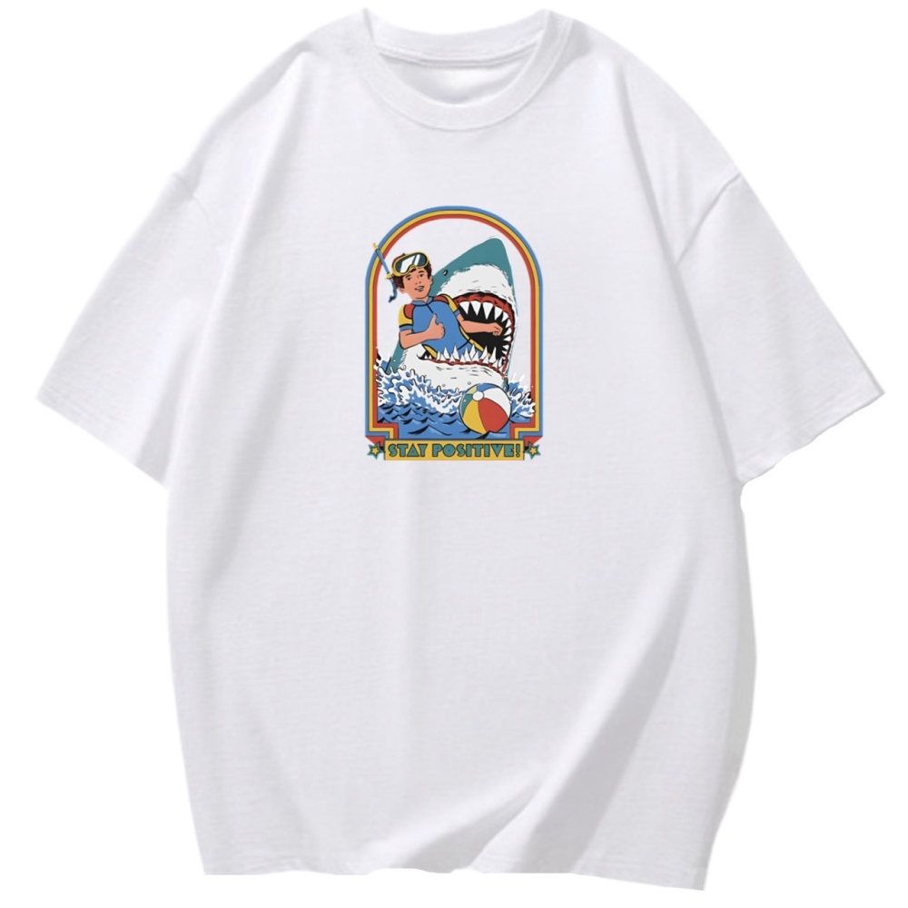 台灣現貨 100%純棉 美式鯊魚人物印花 短袖t恤女 長袖 兒童 情侶 團體 親子 幽默 趣味 寬鬆 不撞衫-細節圖3