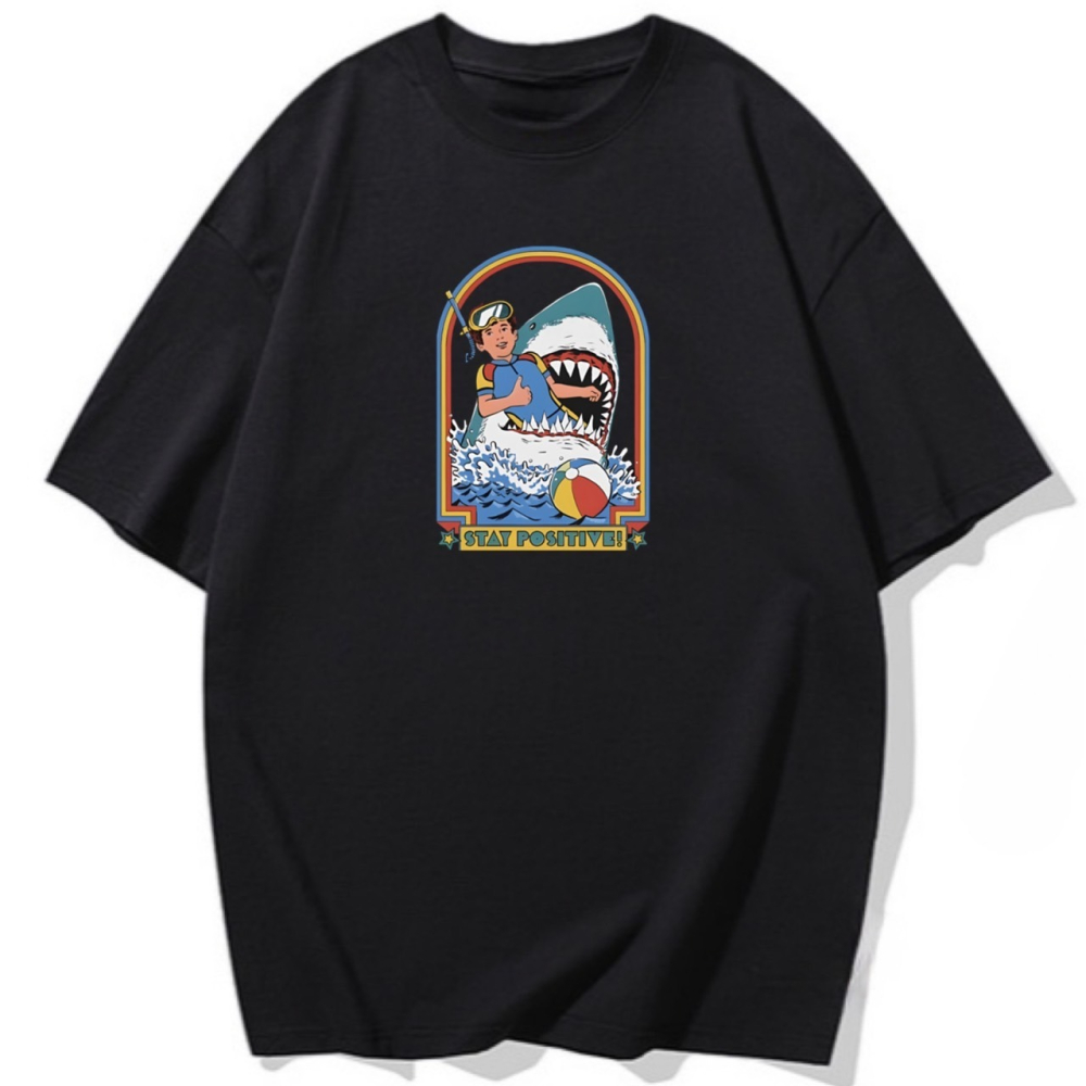 台灣現貨 100%純棉 美式鯊魚人物印花 短袖t恤女 長袖 兒童 情侶 團體 親子 幽默 趣味 寬鬆 不撞衫-細節圖4