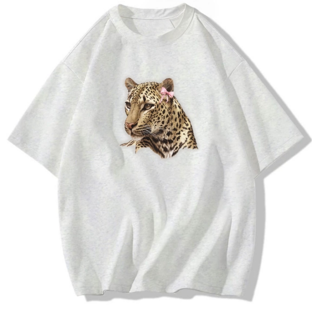 台灣現貨 100%純棉 花豹+蝴蝶結 可愛動物印花 短袖T恤 長袖 兒童 男女同款 3色 韓系 情侶 不撞衫-細節圖2