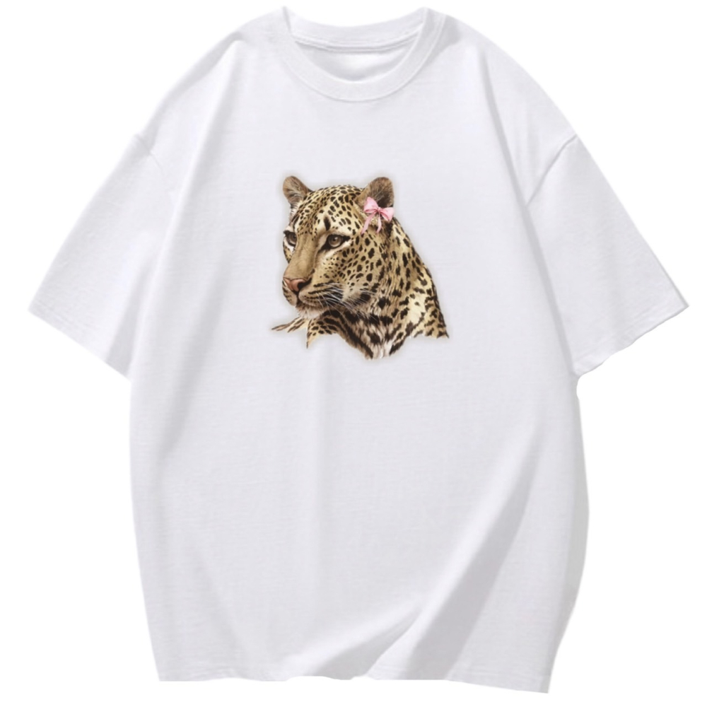 台灣現貨 100%純棉 花豹+蝴蝶結 可愛動物印花 短袖T恤 長袖 兒童 男女同款 3色 韓系 情侶 不撞衫-細節圖3