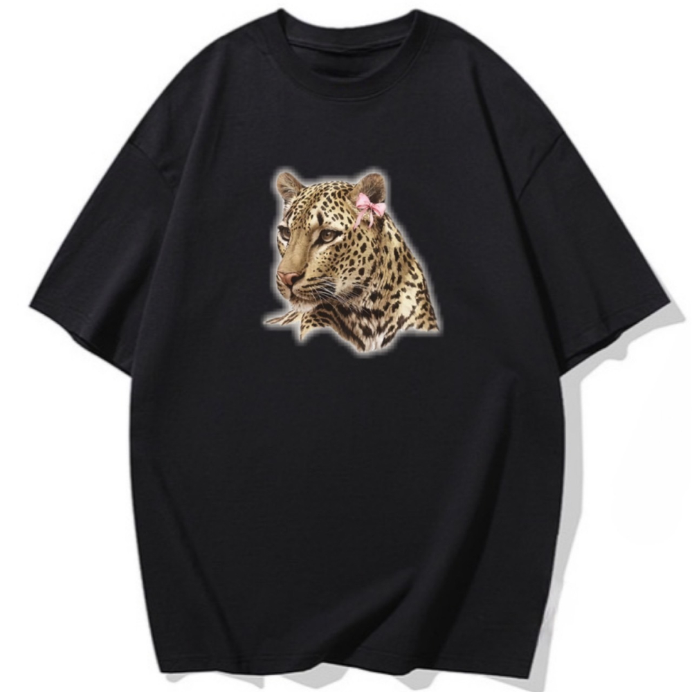 台灣現貨 100%純棉 花豹+蝴蝶結 可愛動物印花 短袖T恤 長袖 兒童 男女同款 3色 韓系 情侶 不撞衫-細節圖4