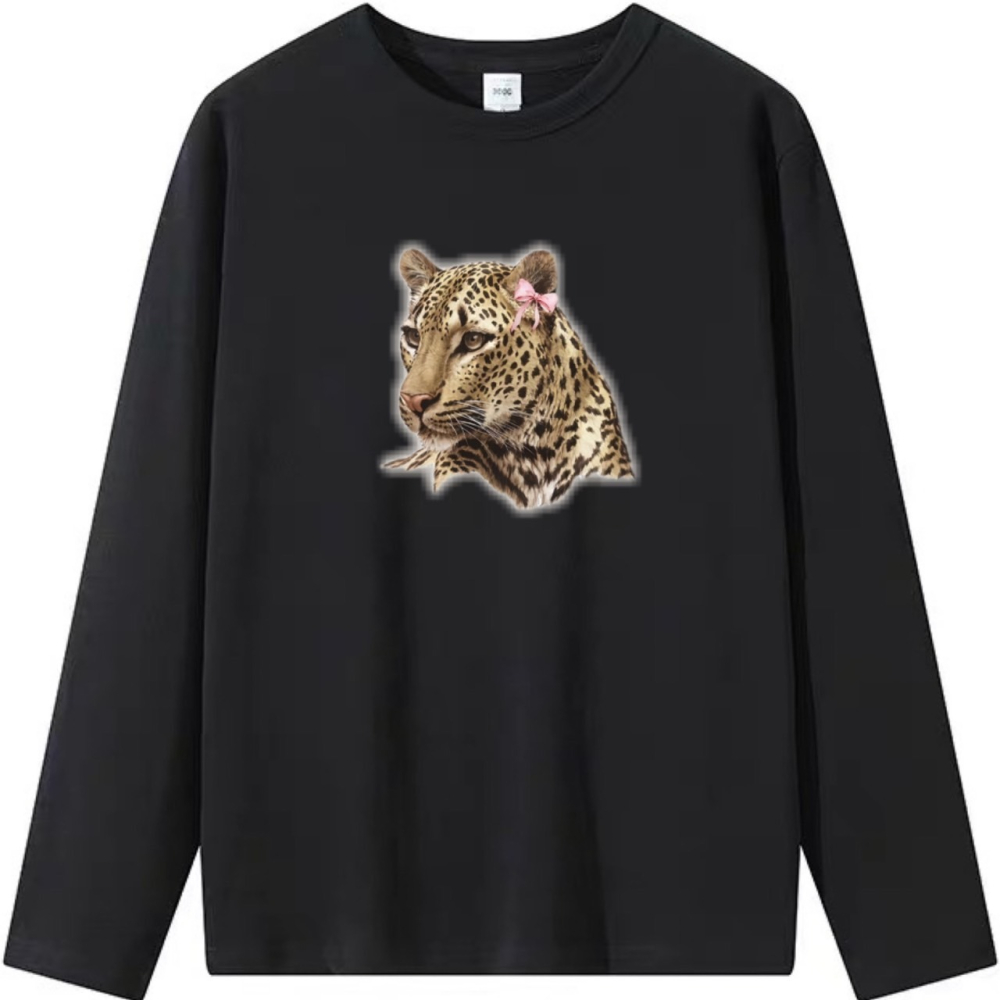 台灣現貨 100%純棉 花豹+蝴蝶結 可愛動物印花 短袖T恤 長袖 兒童 男女同款 3色 韓系 情侶 不撞衫-細節圖5