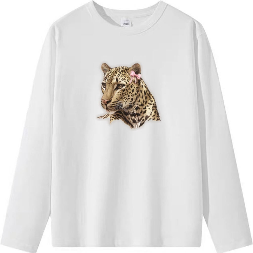 台灣現貨 100%純棉 花豹+蝴蝶結 可愛動物印花 短袖T恤 長袖 兒童 男女同款 3色 韓系 情侶 不撞衫-細節圖6