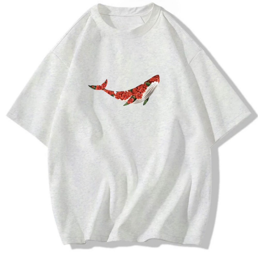 台灣現貨 韓系鯨魚花朵 短袖T恤女 長袖T恤 兒童短袖T恤 動物T 休閒上衣 寬鬆-細節圖2