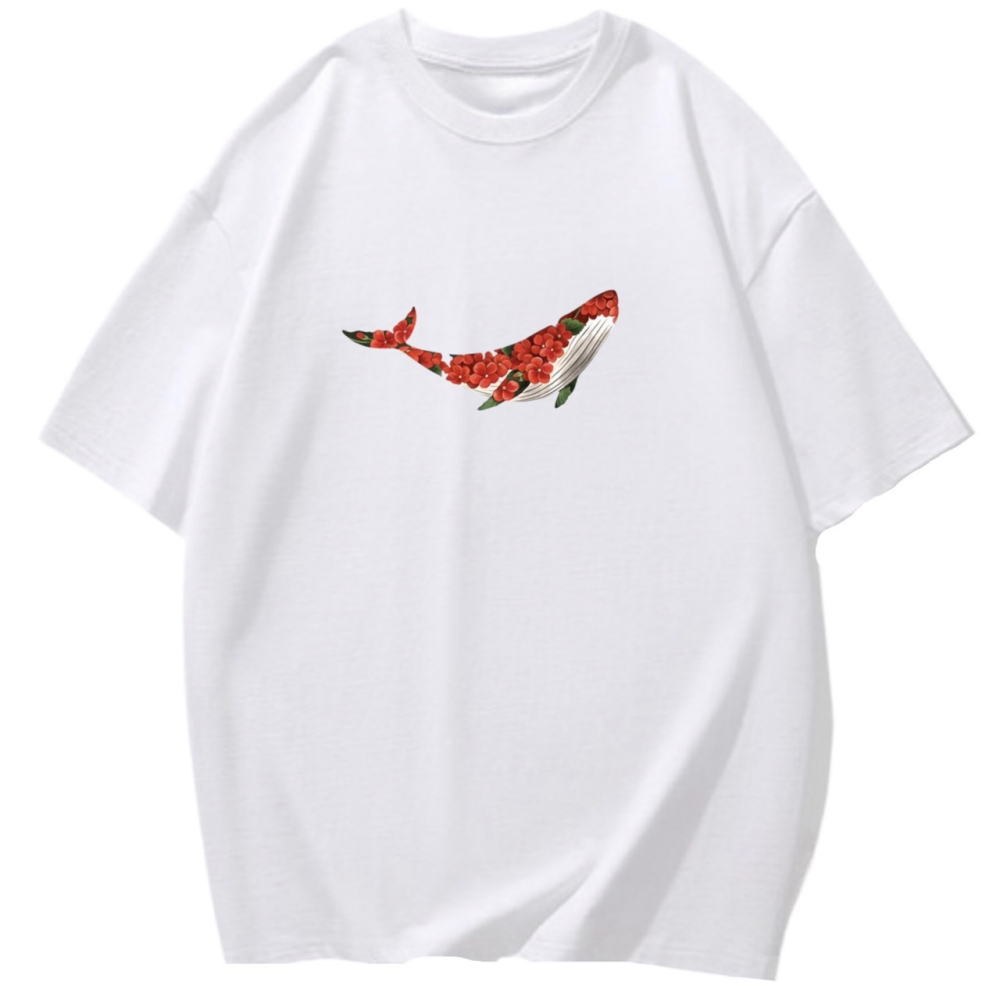 台灣現貨 韓系鯨魚花朵 短袖T恤女 長袖T恤 兒童短袖T恤 動物T 休閒上衣 寬鬆-細節圖3