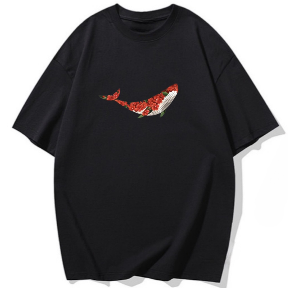 台灣現貨 韓系鯨魚花朵 短袖T恤女 長袖T恤 兒童短袖T恤 動物T 休閒上衣 寬鬆-細節圖4