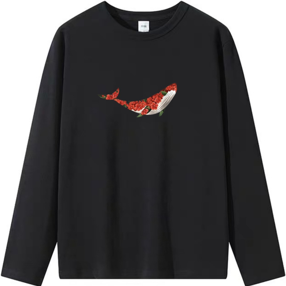 台灣現貨 韓系鯨魚花朵 短袖T恤女 長袖T恤 兒童短袖T恤 動物T 休閒上衣 寬鬆-細節圖5