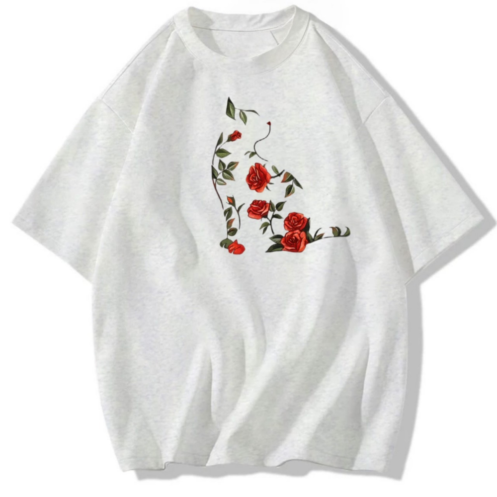 現貨秒出 韓版玫瑰花貓咪 可愛印花 短袖T恤女 長袖T恤 兒童T恤 動物T 植物 花朵 休閒T恤-細節圖2